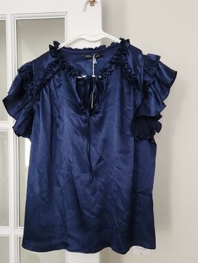 Thread & Supply Navy Satin Ruffle Tie-Front Blouse NWT